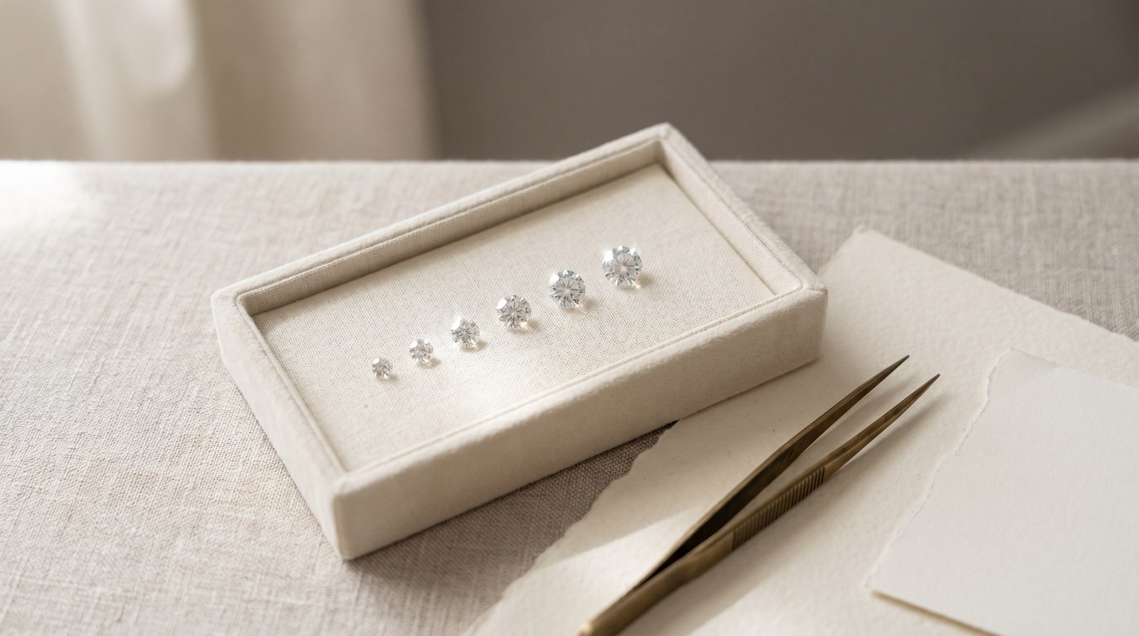 A short row of loose lab-grown diamonds on a bench, each beside its IGI report.