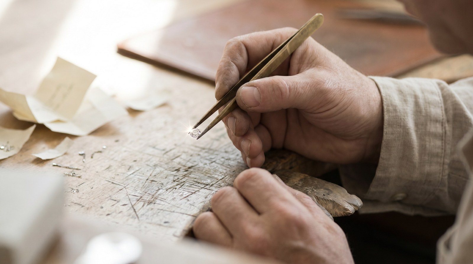 A jeweller's hands at the bench, working a stone with a pair of tweezers and a brass loupe.