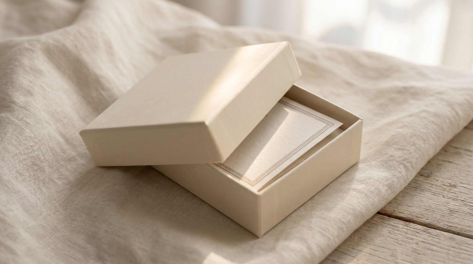 A small cream jewellery box on linen, slightly open, with a paper certificate inside.