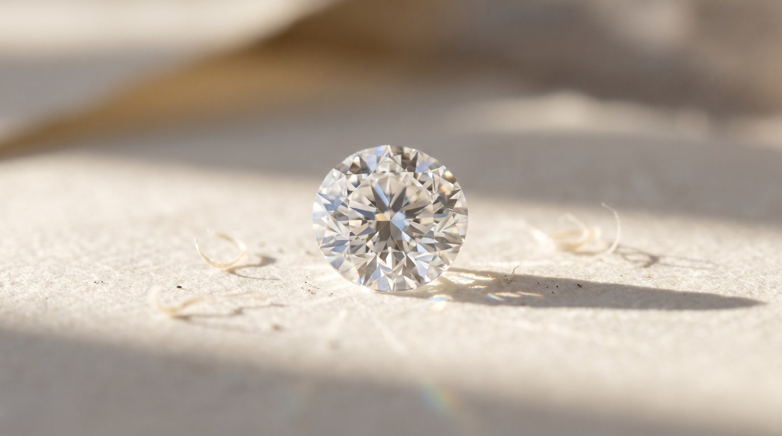 A single round brilliant on textured cream paper, lit by raking sidelight.