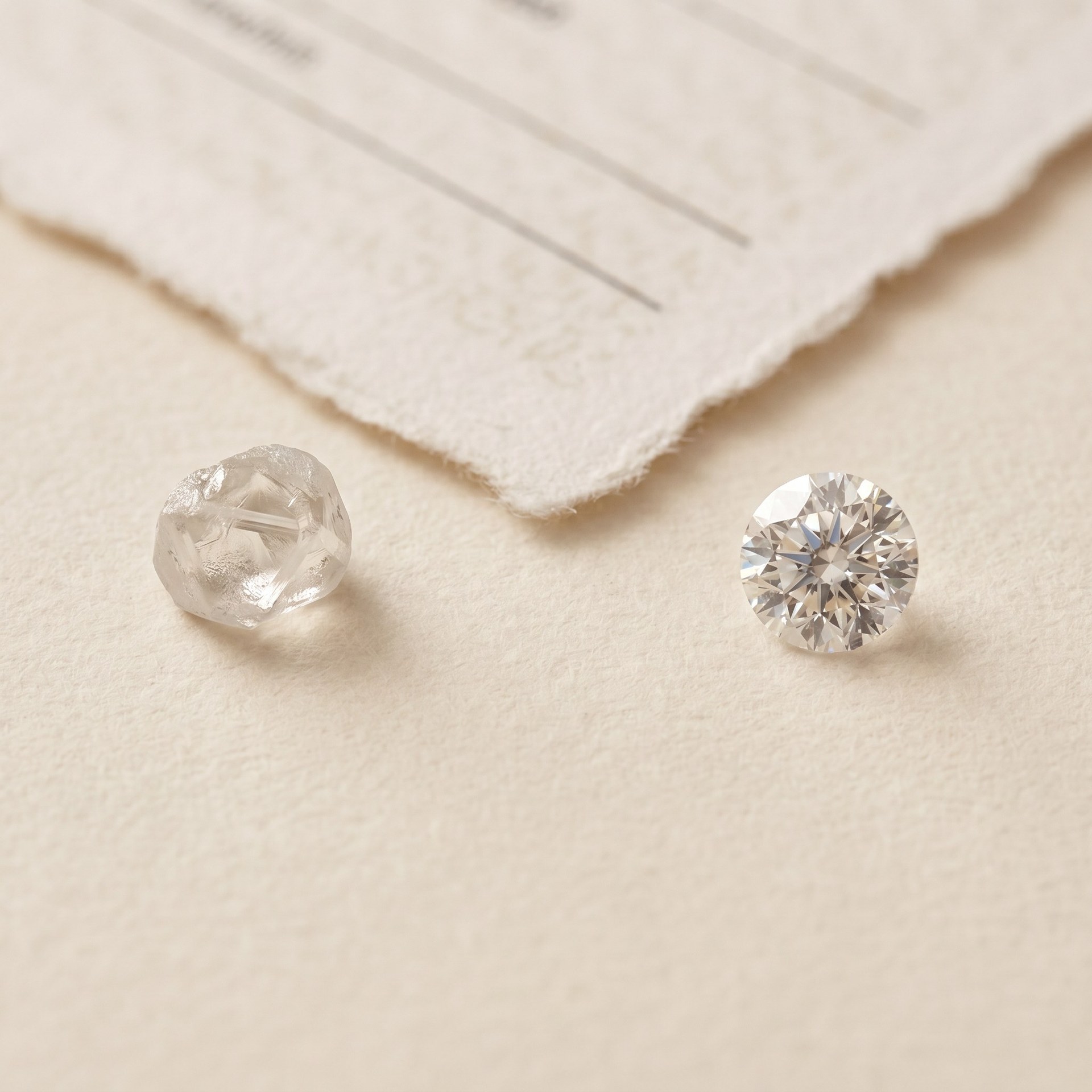 A rough lab-grown diamond beside a finished cut stone, shown side by side.